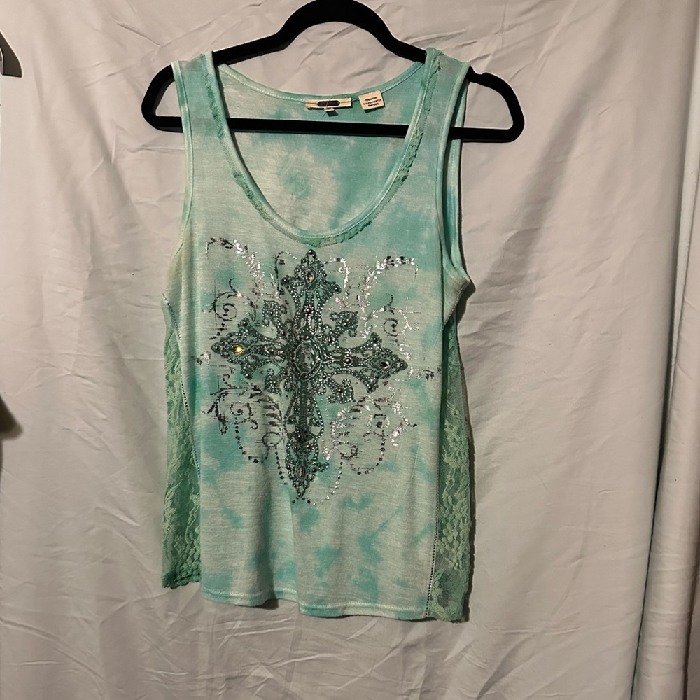 Miss Me green embellished tank with lace cutouts